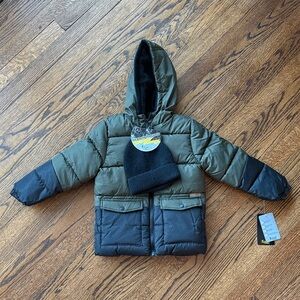 Extreme Kids Boy Stylish Olive and Black Kids Puffer Jacket with Beanie